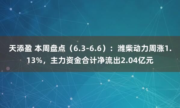 天添盈 本周盘点（6.3-6.6）：潍柴动力周涨1.13%，主力资金合计净流出2.04亿元